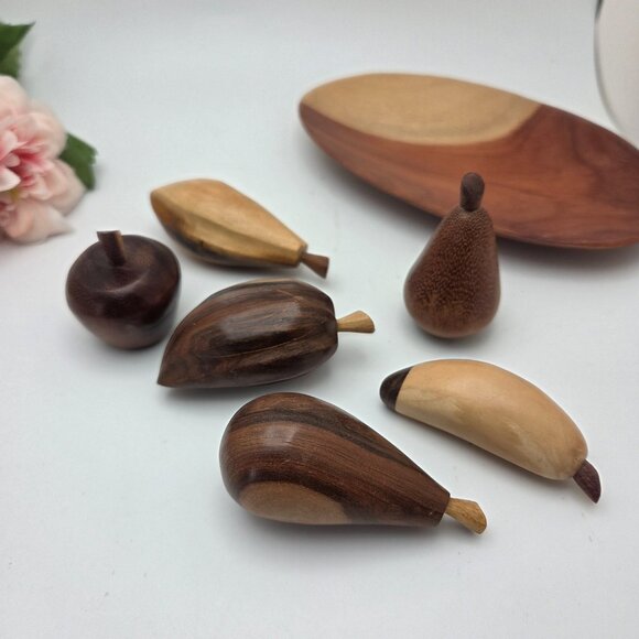 Vintage Rustic Wood Fruits and Tray 6 Piece Hand Made - Picture 6 of 13